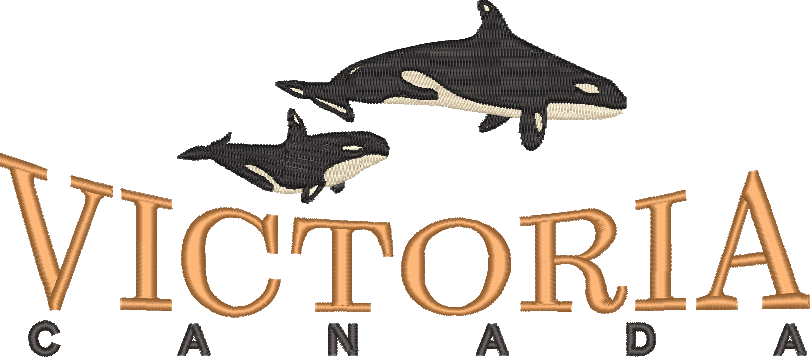 Victoria Canada destination artwork: two orcas over hand-lettered type, stitched out in thread