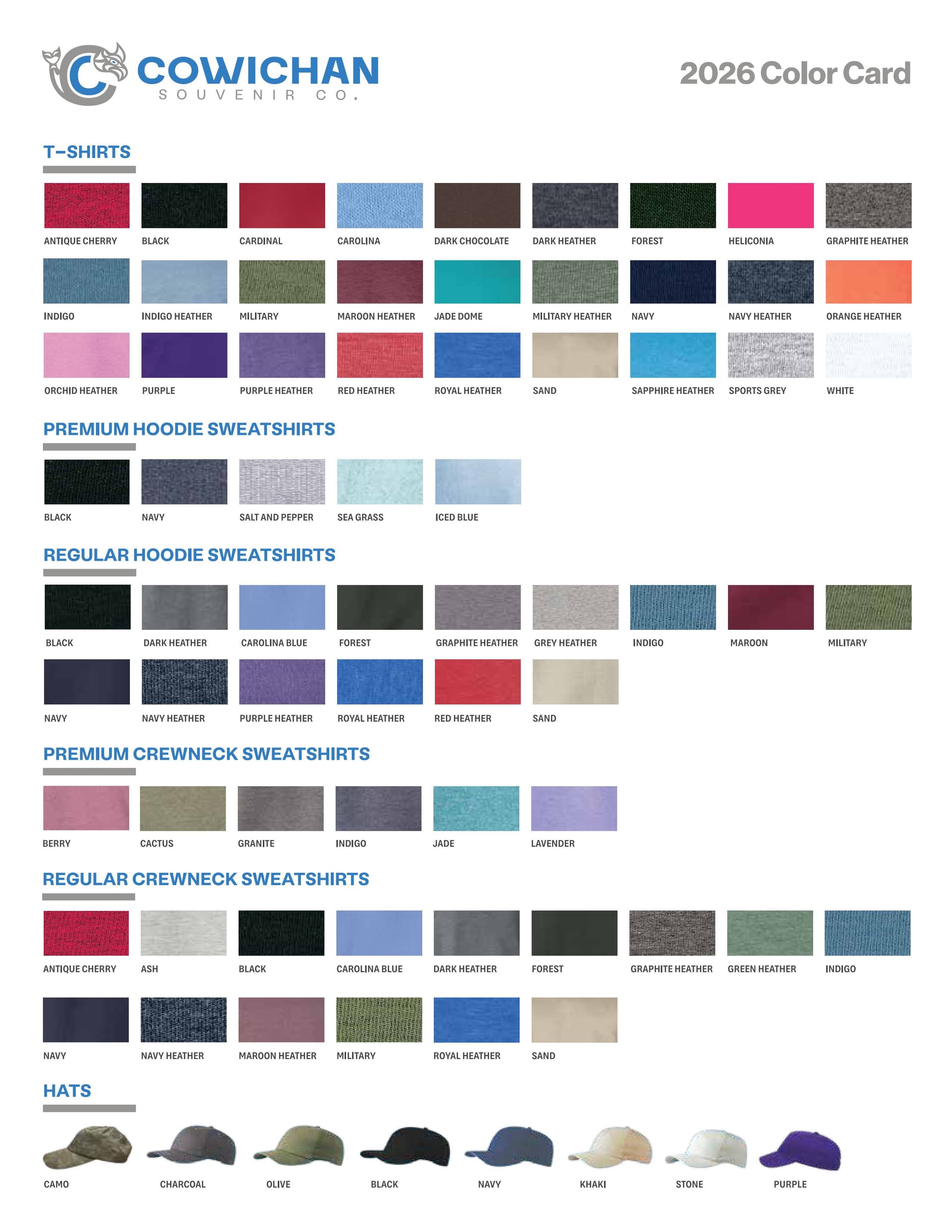 2026 Cowichan Souvenir garment colour card