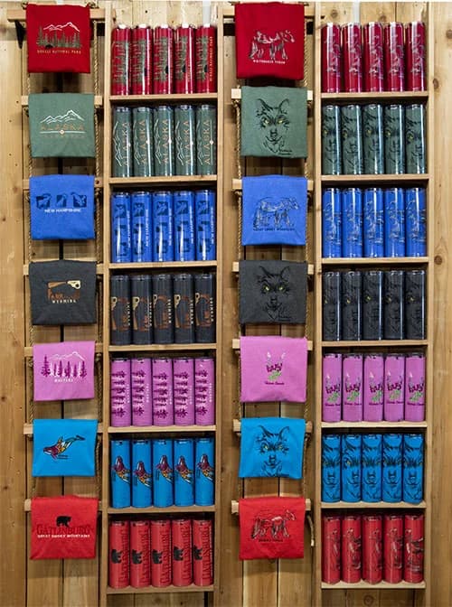 Double-unit flat display rack stocked with embroidered tees
