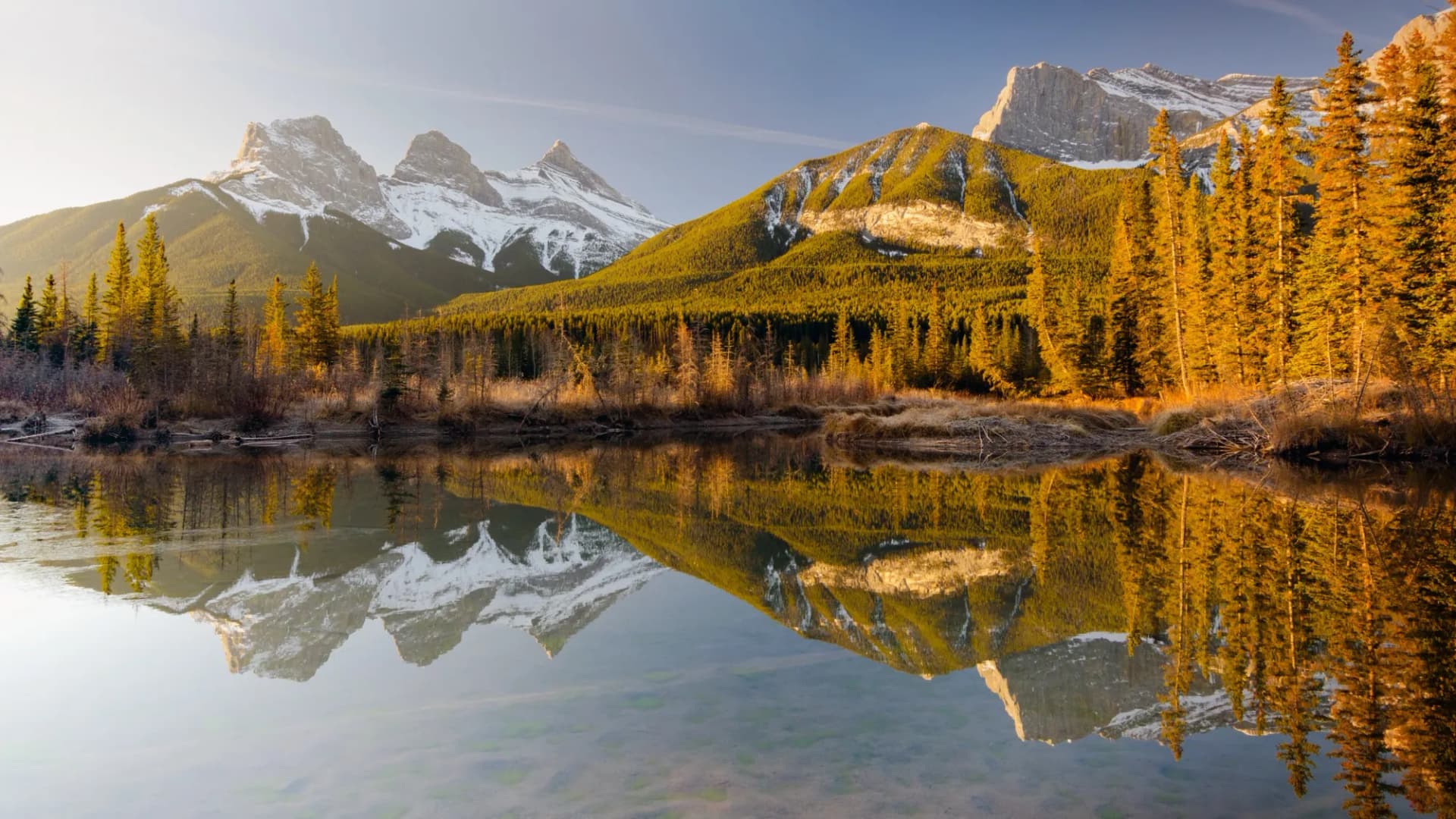 The Three Sisters peaks above Canmore seen from Police Creek, three rocky summits over forested slopes